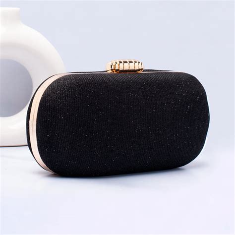 Artklim Black Based Shiny Fabric Capsule Shaped Clutch