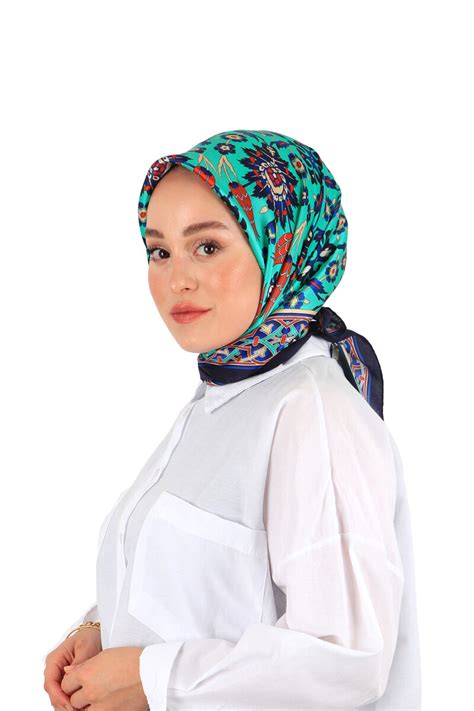 Navy Blue Green Tile Tulip Pattern Silk Square Scarf