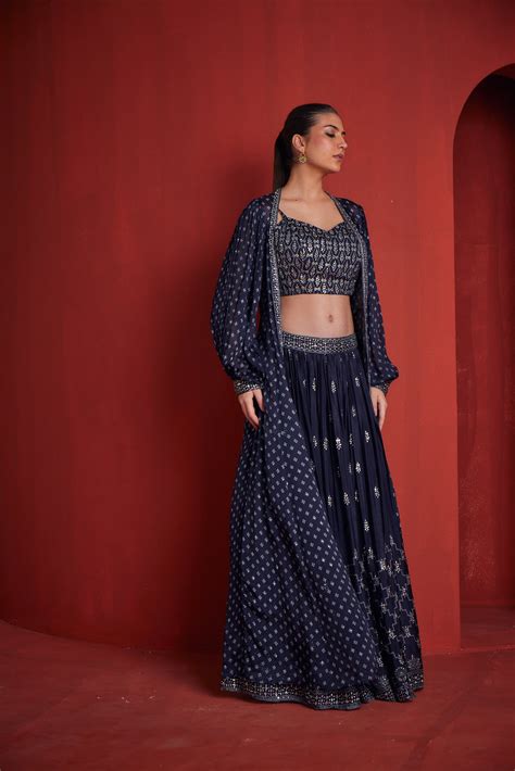 Neerus Womens Navy Blue Crepe Fabric Fusion Suit Set – Neerus India