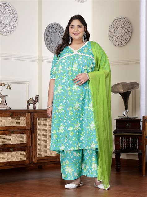 Plus Size Floral Printed Cotton Pleated Kurta Palazzo Dupatta Set ...