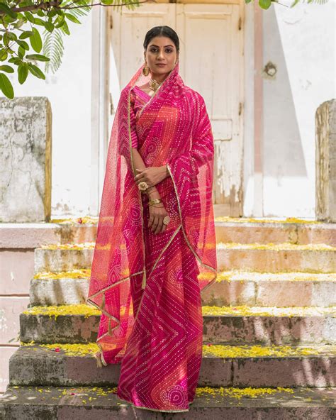 Magenta Pink And Red Bandhanii Pattern Kota Doria Saree With Lace Bord ...