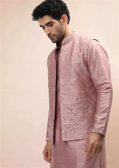 Carnation Pink Nehru Jacket And Kurta Set With Resham And Mirror ...