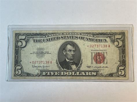 1963 $5 Five Dollar Bill - RED SEAL / STAR NOTE Federal Reserve Note ...