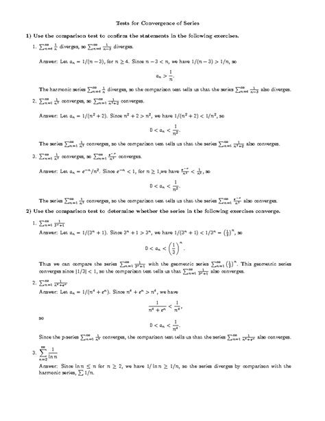 Testsforconvergencewithanswers - Tests for Convergence of Series Use ...