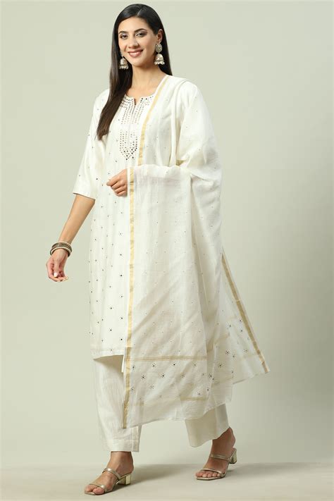 Off White Cotton Silk Straight Kurta Palazzo Suit Set