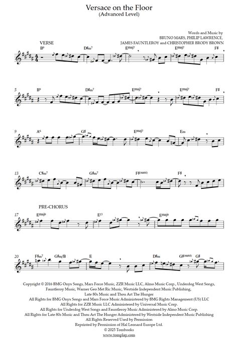 Versace on the Floor (Nivel Avanzado, Saxofón Alto) (Bruno Mars ...