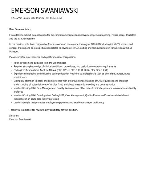 Clinical Documentation Improvement Specialist Cover Letter | Velvet Jobs