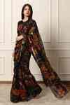 Buy Black Chiffon, Silk Satin Floral Print Saree With Unstitched Blouse ...