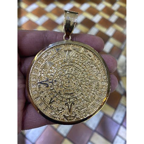 14K Yellow Gold Aztec Calendar Pendant - Sun Medal Necklace Charm ...