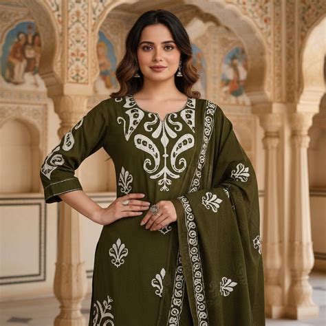 Women Olive Green Ethnic Printed Kurti Dupatta Set – House of ...