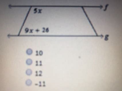 Find the value of x. The diagram is not to scale. Lines f and g are ...