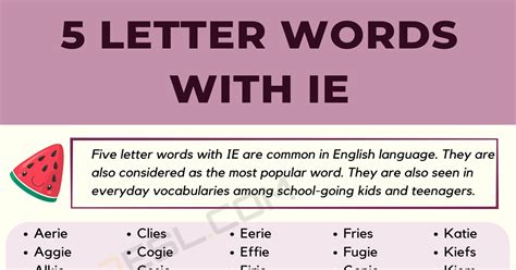 272 Examples of 5 Letter Words with IE in English • 7ESL