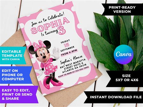 Editable Minnie Mouse Birthday Invitation Template | Lovely Invite