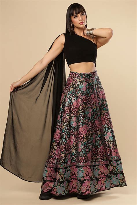 Buy Therese Black Art Silk Floral Wrap Around Ethnic Saree Skirt Online ...
