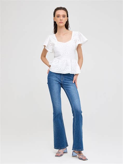 White cotton Schiffli Peplum top