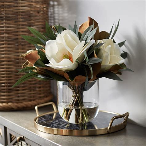Large Real Touch White Magnolia & Eucalyptus Arrangement in Rounded Gl ...