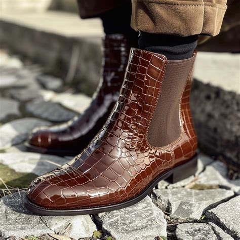 Brown Croc Print Leather Onofrio Slip On Chelsea Boots – Costoso Italiano