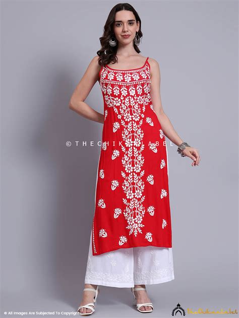 Red Modal Long Strappy Chikankari Kurta | Trending Strappy Kurta for Women