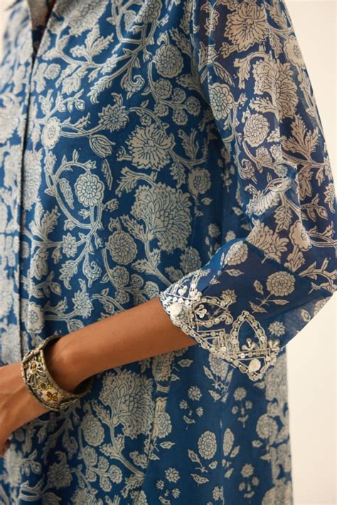 Blue hand block printed A-line short kurta with sequins, tassels and b ...