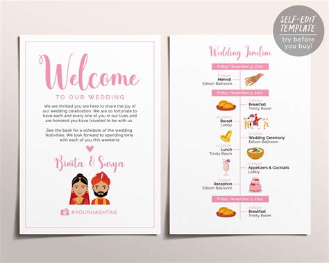 Buy Indian Wedding Timeline Template, Editable Wedding Itinerary Card ...