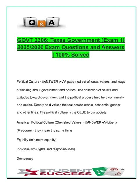 GOVT 2306 Exam 1 (2025/2026) – Texas Political Culture, Federalism, and ...