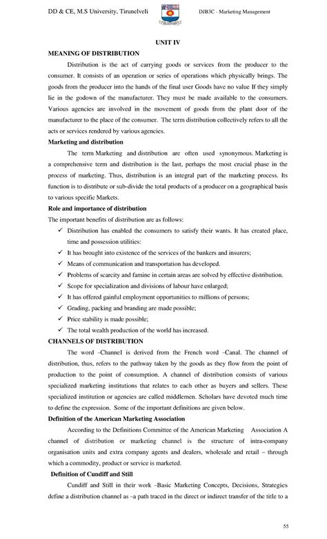 Marketing management unit 4 - UNIT IV MEANING OF DISTRIBUTION ...