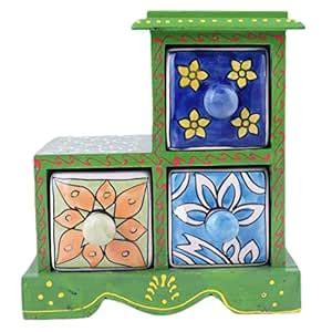RAJ SAKHI Wooden Pottery Chest of Drawers - 3 Chests - Step Stand ...