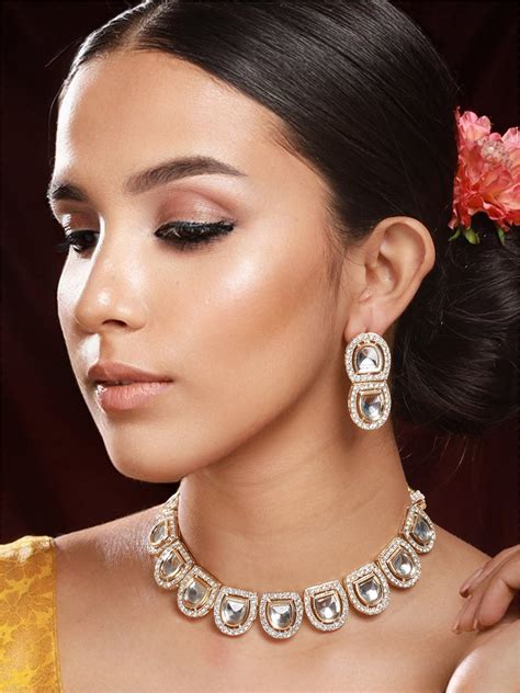 Semi-Oval Studded Polki Kundan Gold-Plated Jewellery Set – Priyaasi