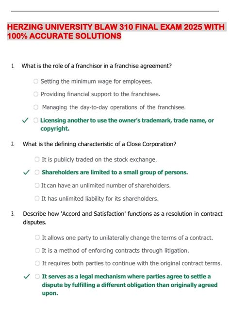 HERZING UNIVERSITY BLAW 310 FINAL EXAM 2025 WITH 100% ACCURATE ...