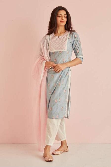 Buy Blue 100% Cotton And Embroidery Floral & Mirror Mahira Kurta For ...