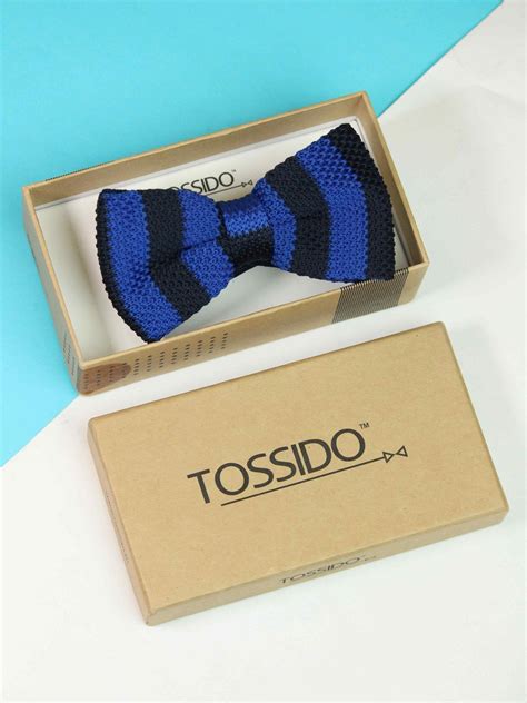 Royal Blue & Dark Blue Striped Knitted Bow Tie