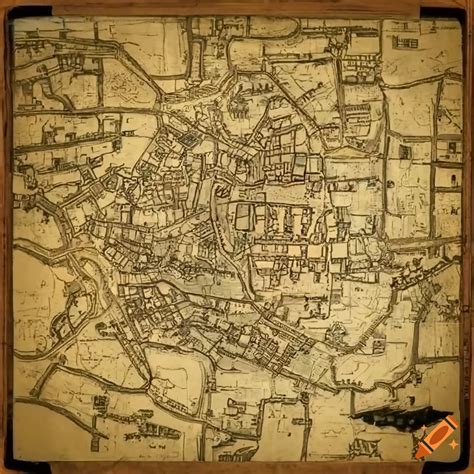 Map of an old town with walls showing a river, different districts and the area around the town ...