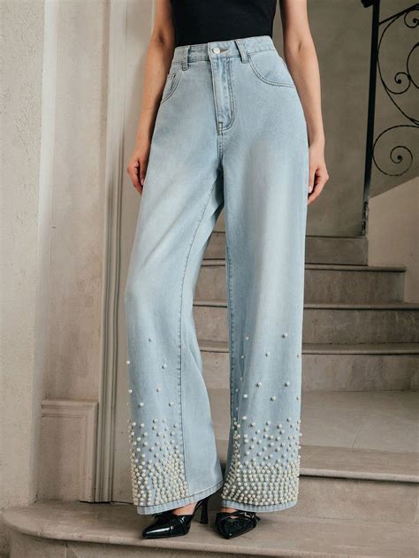 Alina - Pearl Embellished Wide Leg Jeans - Ice Blue – Wear Your Words