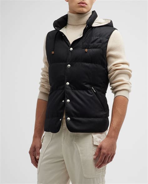 Brunello Cucinelli Men's Flannel Down Vest with Removable Hood | Neiman ...