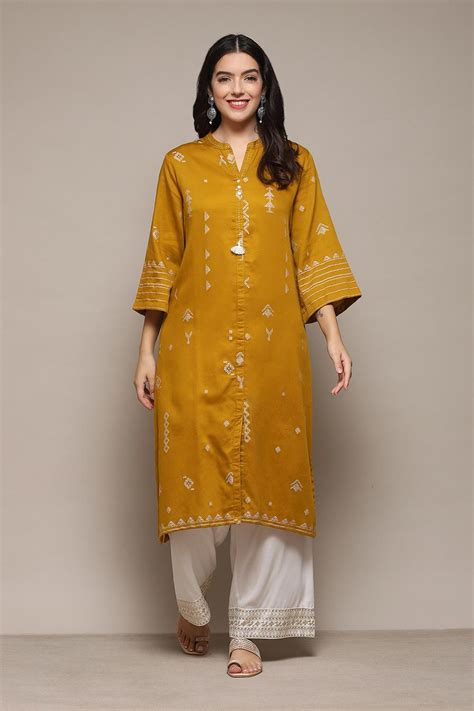 Buy Mustard Poly Cotton Straight Yarndyed Kurta Online at Biba India