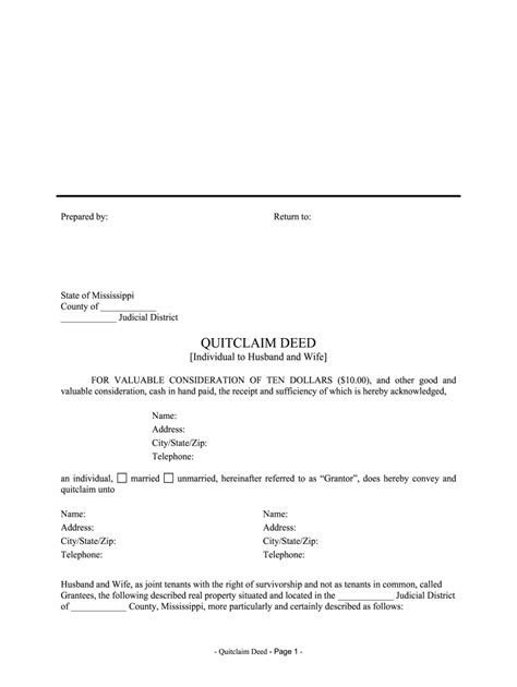 Mississippi Quitclaim Deed - Blank Fillable Template | Fill Out, Print ...