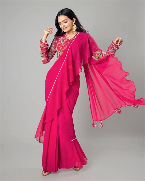 Classic Hot Pink Ruffled Designer Pre-Draped Saree – Fabcurate