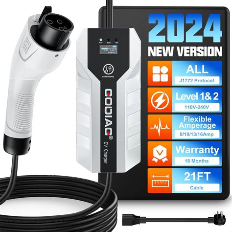 EV101 Portable EV Charger Level 1+2, 8/10/13/16Amp Adjustable Electric ...