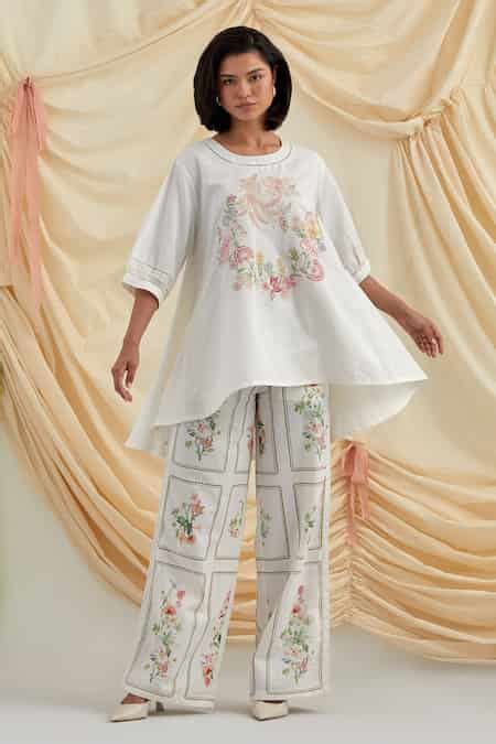 Buy White Cotton, Hemp Embroidery Round Neck Floral Swayer Top And ...