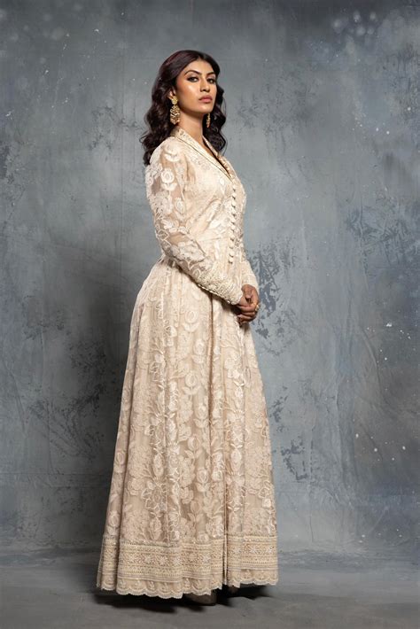 Tropical Motif Ecru Anarkali Set with Embroid | Neeta Lulla