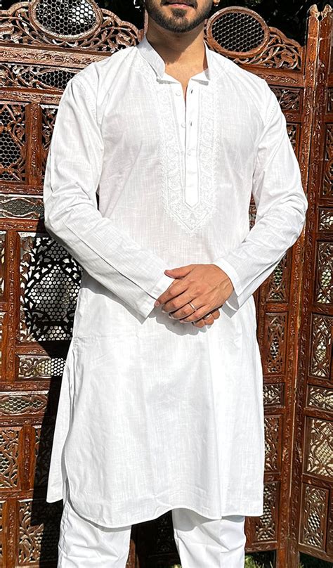 Men's Lucknowi Handcrafted Cotton Chikankari Kurta - HONC0337903