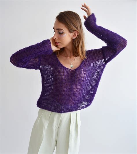 Purple V Neck Mohair Sweater Light Loose Knit Sweater Handknit Sexy ...
