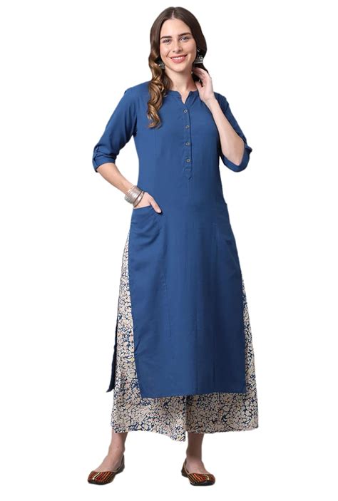 Pistaa's Women's Cotton Solid Readymade Regular Fit Kurta Set(Blue, X ...