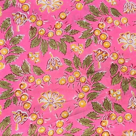 (PRE-CUT 0.85 METER) Pure Cotton Jaipuri Pink With Green Leaves And Mu ...