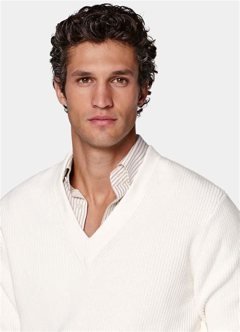 Off-White Ribbed V-Neck in Pure Cotton | SUITSUPPLY