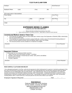 Fillable Online FLEX PLAN CLAIM FORM - PHP Carolinas Fax Email Print ...