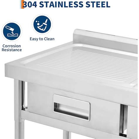 Qeetex Workbench Stainless Steel Utility Sink with Left Drawer 39 Inch ...
