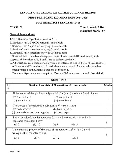 KVS Chennai Region Class X First Exam: Mathematics Standard (041) QP ...