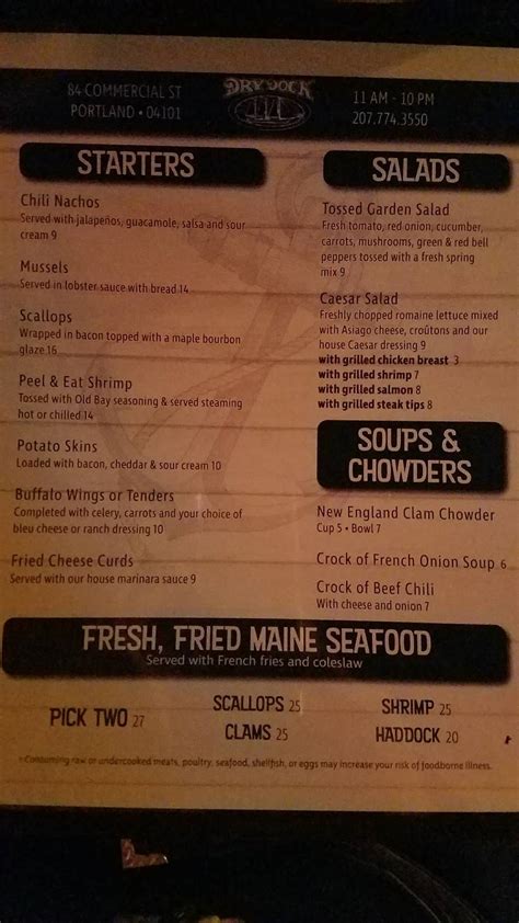 Menu at Dry Dock Restaurant Tavern, Portland