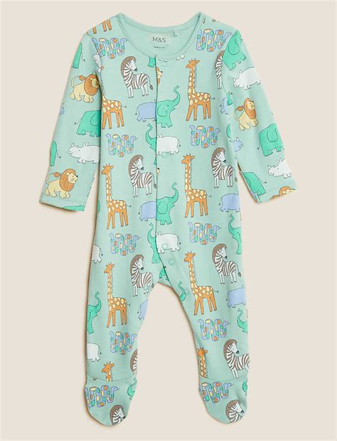 Buy 3pk Pure Cotton Safari Sleepsuits at Marks & Spencer